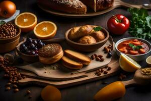 foods on a wooden table. AI-Generated photo