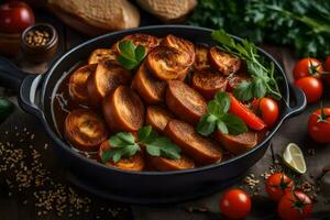 a pan filled with potatoes and tomatoes on a table. AI-Generated photo