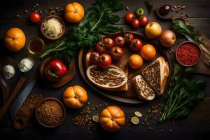 various foods on a wooden table. AI-Generated photo