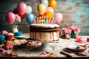 a birthday cake with candles on it and balloons. AI-Generated photo