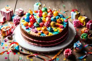 a birthday cake with colorful candles and confetti. AI-Generated photo