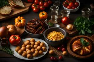 varios comidas incluso pan, queso, carne, vegetales y un pan en un mesa. generado por ai foto