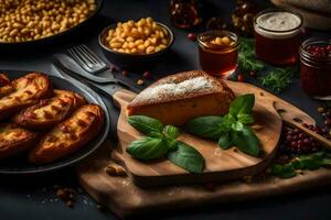 various foods including bread, cheese and vegetables on a wooden board. AI-Generated photo