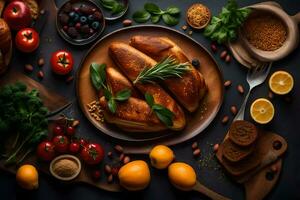 turkey with vegetables and herbs on a dark background. AI-Generated photo