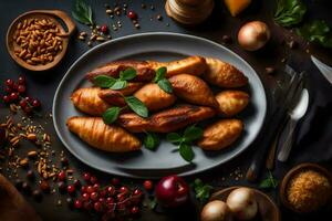 baked croissants with cheese and herbs on a dark background. AI-Generated photo