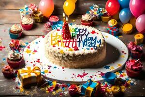 a birthday cake with candles and confetti on a wooden table. AI-Generated photo