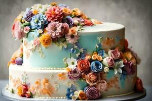 a three tiered cake with colorful flowers on top. AI-Generated photo