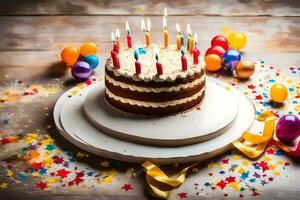 birthday cake with candles on a wooden table. AI-Generated photo