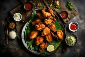 pollo alas en un plato con salsa y condimentos generado por ai foto