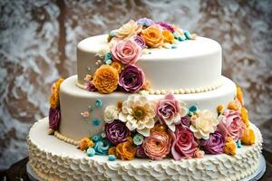 a three tiered cake with colorful flowers on top. AI-Generated photo