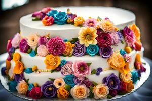 a cake decorated with colorful flowers. AI-Generated photo