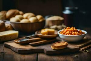 various types of bread, cheese and other foods on a wooden table. AI-Generated photo