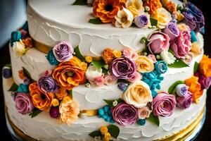 a three tiered cake with colorful flowers on it. AI-Generated photo