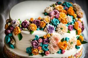 un pastel decorado con vistoso flores en cima. generado por ai foto