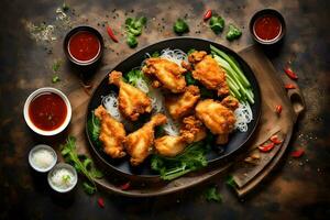 chicken wings with sauce and green vegetables on a black plate. AI-Generated photo