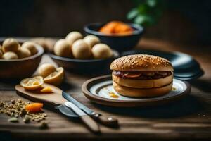 un hamburguesa con queso y vegetales en un de madera mesa. generado por ai foto