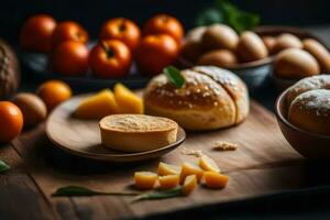 various types of bread, oranges and other foods on a wooden table. AI-Generated photo