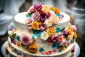 un Boda pastel con vistoso flores en cima. generado por ai foto