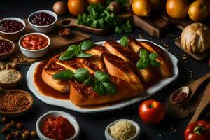 a platter of food with bread, tomatoes and spices. AI-Generated photo