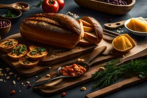 a wooden cutting board with bread, vegetables and other ingredients. AI-Generated photo