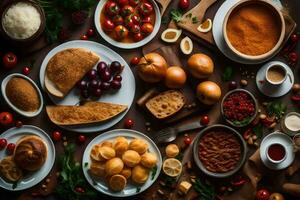 varios tipos de comida en un mesa. generado por ai foto