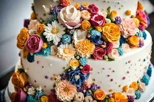 un Boda pastel decorado con vistoso flores generado por ai foto