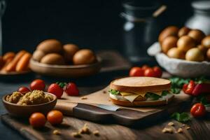 a sandwich with eggs, tomatoes and cheese on a cutting board. AI-Generated photo