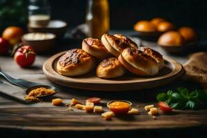 buns on a wooden plate with spices and tomatoes. AI-Generated photo