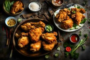 chicken wings with sauce and vegetables on a table. AI-Generated photo