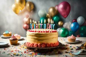 un cumpleaños pastel con velas en eso y globos generado por ai foto