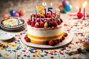 a birthday cake with candles and berries. AI-Generated photo