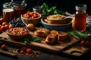 un de madera corte tablero con varios comidas en él. generado por ai foto