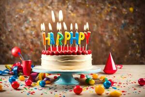 happy birthday cake with candles on a wooden table with confetti and balloons. AI-Generated photo