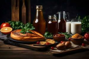 turkey breast with vegetables and milk on a wooden table. AI-Generated photo