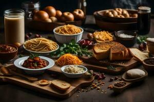 various foods on a wooden table. AI-Generated photo