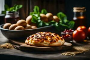 a bread with cheese and tomatoes on a wooden table. AI-Generated photo