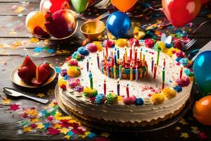 a birthday cake with candles and confetti. AI-Generated photo