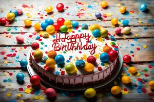 happy birthday cake with balloons and confetti on a wooden table. AI-Generated photo