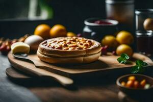 un tarta en un de madera tablero con Fruta y especias generado por ai foto