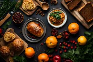 a variety of food is arranged on a table. AI-Generated photo