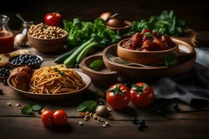 spaghetti, tomatoes, beans, vegetables and bread on a wooden table. AI-Generated photo