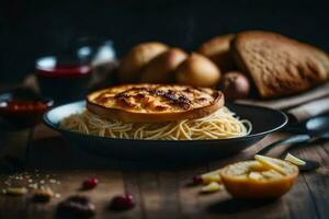 spaghetti with meatballs and bread on a wooden table. AI-Generated photo