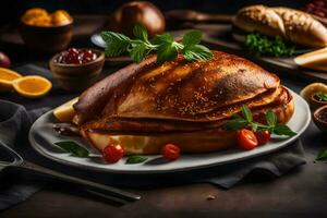 a turkey is served on a plate with other foods. AI-Generated photo