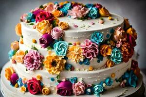 a cake decorated with colorful flowers. AI-Generated photo