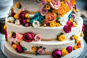 a three tiered cake with colorful flowers on it. AI-Generated photo