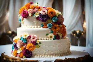 a wedding cake with colorful flowers on top. AI-Generated photo