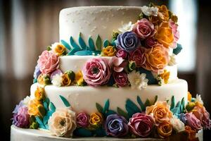 un Tres escalonado pastel con vistoso flores en él. generado por ai foto