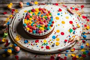 a birthday cake with confetti and candles on a wooden table. AI-Generated photo