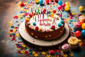 un cumpleaños pastel con velas y vistoso papel picado. generado por ai foto