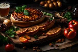 a bowl of food with bread, tomatoes and other ingredients. AI-Generated photo